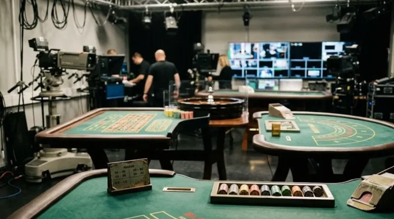 Livecasinostudio med kameror, skärmar och flera casinobord