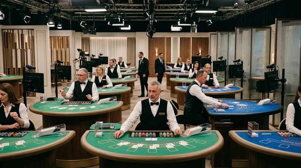 Livecasinostudio med rader av blackjackbord och en croupier vid varje bord